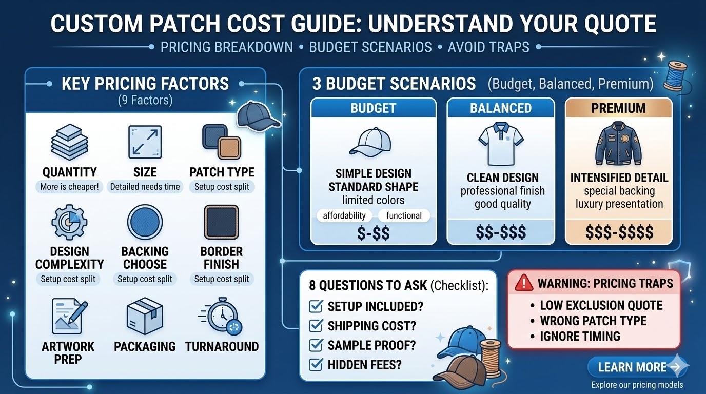 Are you planning to order custom patches but feeling confused by varying quotes? This comprehensive guide breaks down the essential cost structure, from embroidery percentage and backing types to border styles and order quantities. We explore 9 key factors that influence custom patch pricing and provide three strategic budget scenarios to help you maximize value. Learn how to spot pricing traps and discover the 8 essential questions to ask your supplier before approving any quote. Whether for uniforms, branding, or retail, master the details of patch manufacturing to ensure a high-quality, professional result within your budget.