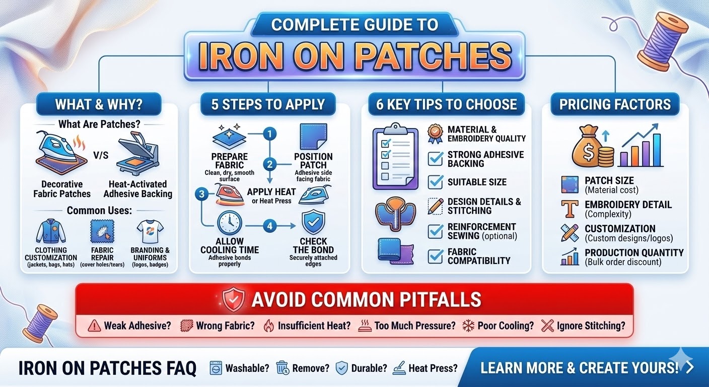 This comprehensive guide breaks down the essential details about Iron On Patches, helping users customize, repair, or brand apparel with ease. It covers how these decorative fabric patches use heat-activated adhesive to bond securely with clothing, and details a straightforward 5-step application process. By reading this guide, readers will learn 6 key tips for choosing high-quality Custom Patches based on material, size, and compatibility. Understanding the main cost factors—like size, design complexity, and production quantity—ensures buyers find the best value for their custom designs and branding needs.