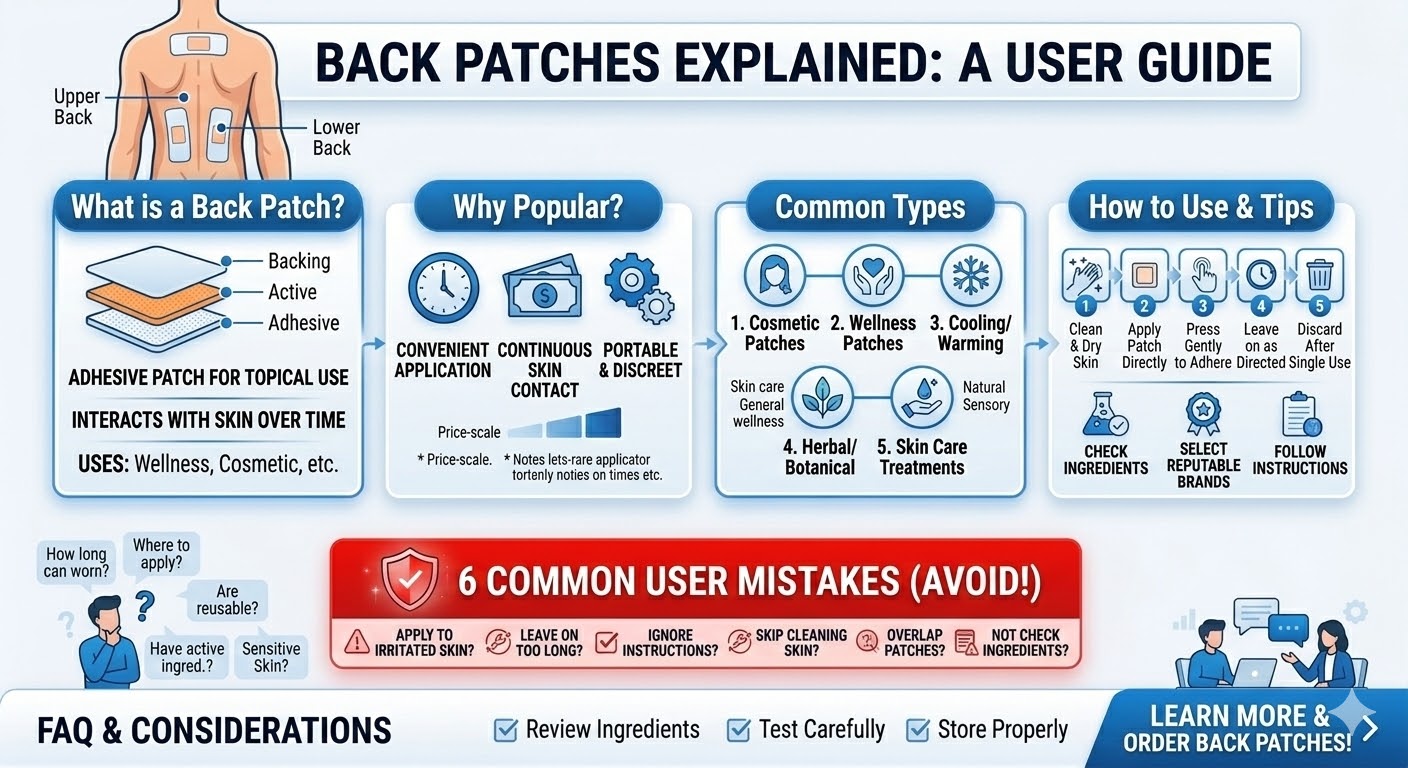 A back patch is a specialized adhesive product designed for topical application on the large, flat surface of the back. These wearable patches typically feature a multi-layer structure, including an adhesive layer and an active layer that allows functional ingredients—such as botanical extracts or cosmetic compounds—to remain in continuous contact with the skin. This format is highly favored for its convenient application and discreet design, making it a popular choice in the wellness and skincare industries. To ensure safety and effectiveness, users should apply the patch to clean, dry skin and strictly follow the manufacturer's recommended duration. Choosing reputable brands and reviewing ingredient lists are essential steps to avoid skin irritation and maximize the benefits of the patch.