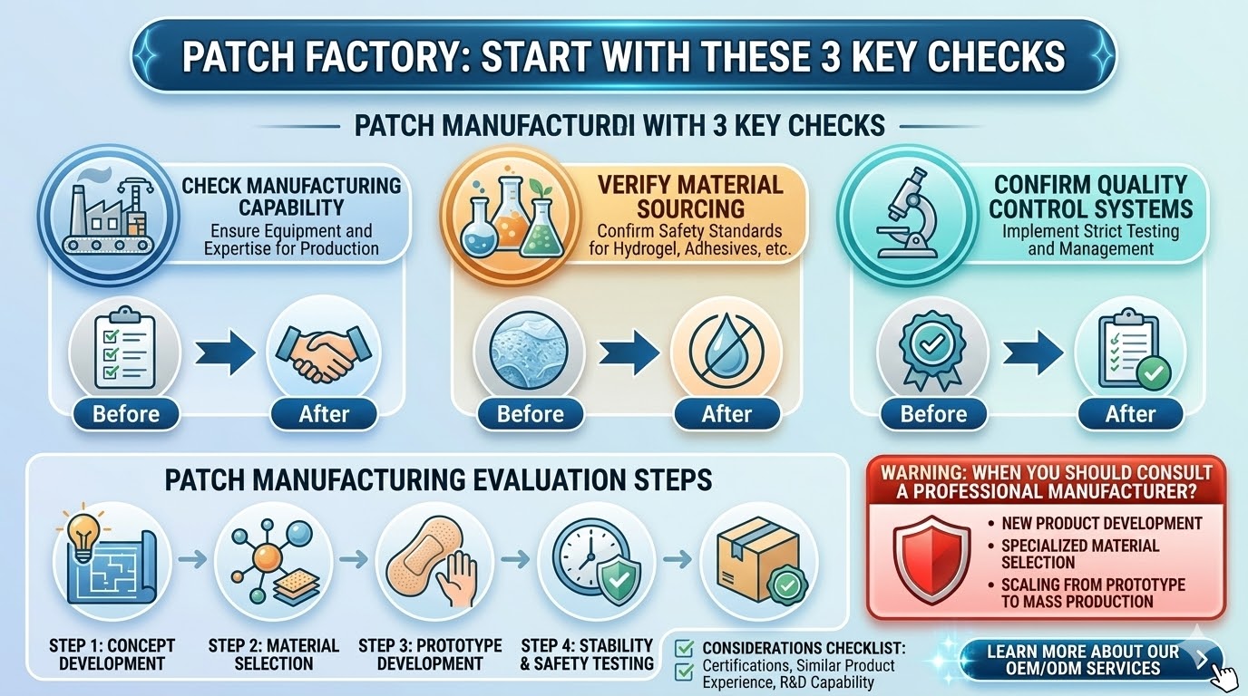 Finding a reliable patch factory is the cornerstone of developing high-quality skincare and wellness products. These specialized facilities focus on advanced manufacturing for various applications, including hydrogel masks, acne patches, and transdermal delivery systems. This article outlines the essential evaluation steps—from verifying material sourcing and R&D capabilities to ensuring strict quality control systems. By choosing an experienced manufacturing partner, brands can streamline the process from initial prototype to mass production while meeting global safety standards. Whether you require OEM or ODM services, understanding these core manufacturing logistics is key to launching a successful and effective patch product in today’s competitive market.