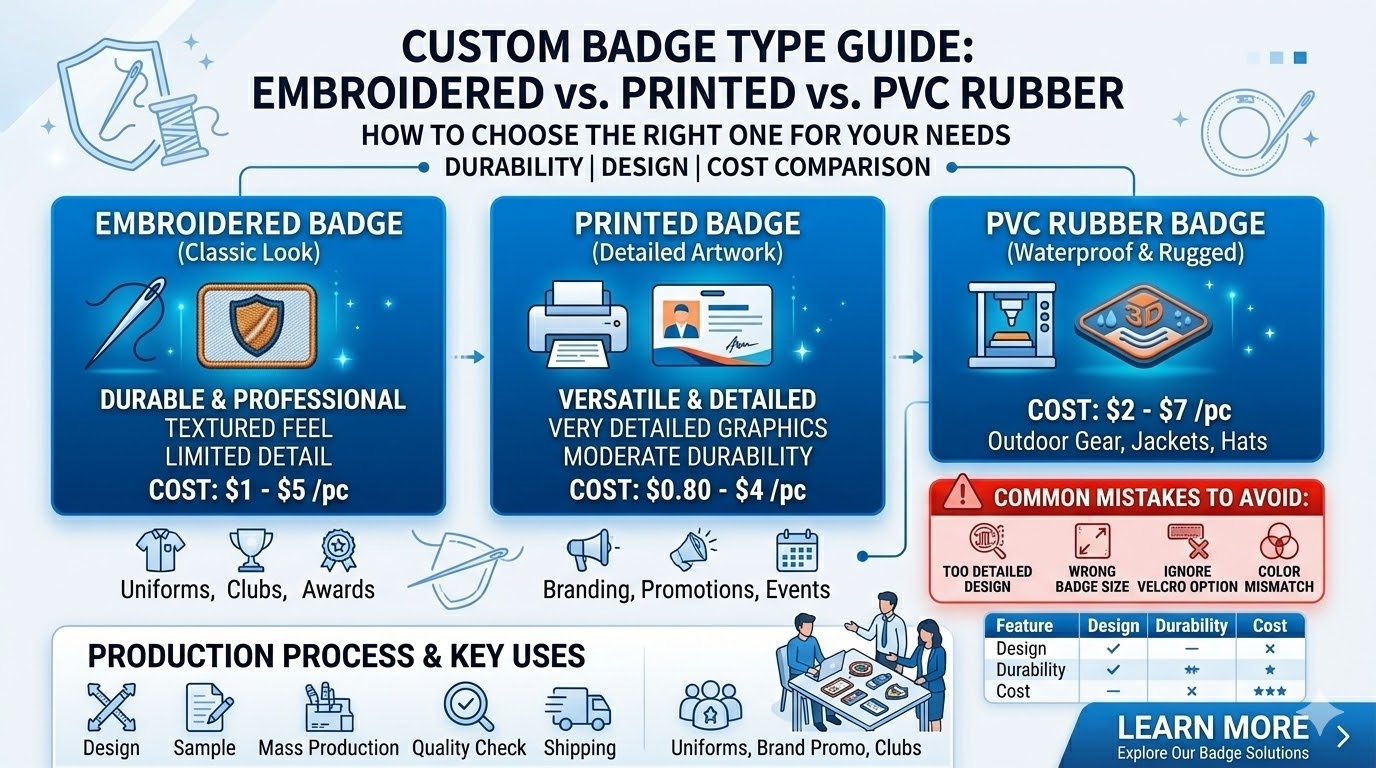 Looking for the perfect custom badge to represent your brand or organization? This guide compares the most popular types, including professional embroidered badges, high-detail printed badges, and rugged PVC rubber options. We break down key factors such as durability, design complexity, and pricing to help you make an informed decision for uniforms, corporate branding, or promotional events. Learn about the complete badge production process and discover common mistakes to avoid—such as over-complicating designs or choosing the wrong attachment—to ensure your custom emblems look premium and last for years.