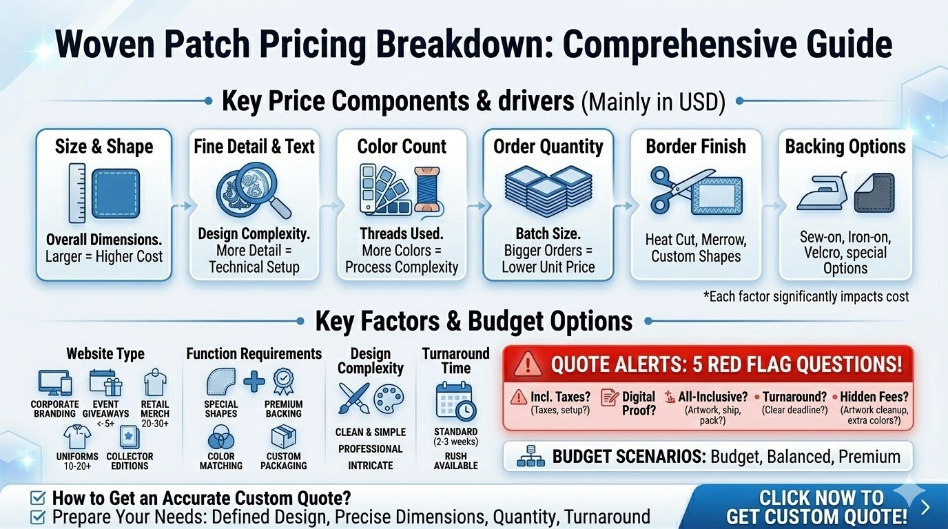 Looking for high-definition branding? This guide provides a full breakdown of woven patch cost, focusing on why they are the superior choice for fine detail and small lettering. We analyze the 9 critical factors influencing woven patch pricing, including thread density, border finishes like laser-cut edges, and various backing options. Whether you need budget-friendly event giveaways or premium retail-ready labels, our three-tier pricing scenarios and "8 must-ask questions" will help you evaluate quotes like a pro. Avoid hidden fees and discover how to get the best value for your custom project. Read more to ensure your design achieves maximum clarity at the right price!