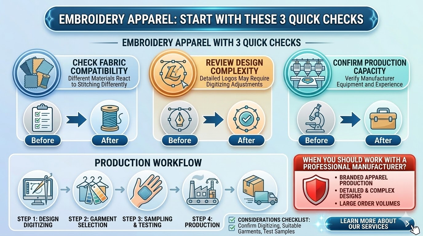 Elevate your brand with embroidery apparel, a premium choice for those seeking durability and a high-end aesthetic. Unlike standard printing, custom embroidery provides a textured, professional finish that is ideal for corporate uniforms, branded streetwear, and promotional headwear. This article guides you through the essential production workflow, emphasizing the importance of fabric compatibility and precise embroidery digitizing. By evaluating design complexity and manufacturer capacity early on, you can ensure consistent stitching quality across large order volumes. Whether you are developing polo shirts for a team or jackets for a fashion line, choosing the right professional manufacturer is key to creating garments that maintain their integrity and style through repeated wear and washing.