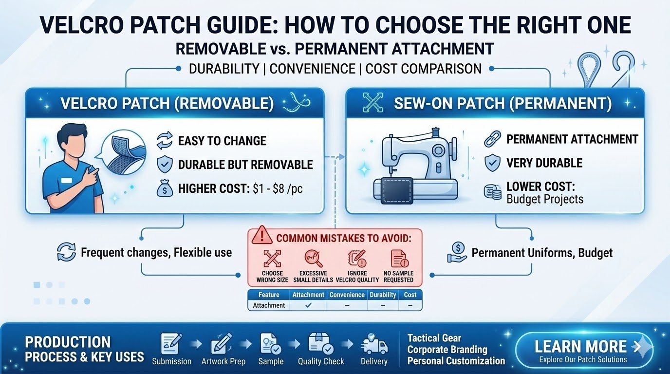 Deciding between a Velcro patch and a traditional sew-on option for your gear? This guide provides a detailed comparison of attachment flexibility, durability, and cost-effectiveness. We explore why hook-and-loop backings are the top choice for tactical gear, corporate branding, and personal customization, allowing for quick swaps and versatile styling. Learn about the complete patch production process—from design and digitizing to mass manufacturing—and discover common pitfalls to avoid, such as over-detailed artwork or poor fabric compatibility. Whether you need rugged PVC or classic embroidery, find the perfect removable solution to enhance your professional uniforms or promotional merchandise.