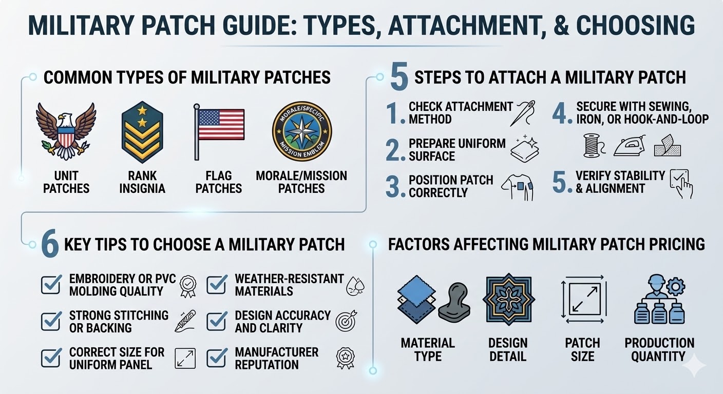 Are you looking for the ultimate guide to military patches? This comprehensive article explores everything from unit and rank insignia to flag and morale patches, detailing their specific uses on tactical gear and uniforms. We provide a clear, 5-step application process for sewing, iron-on, and hook-and-loop methods, along with expert tips on choosing high-quality, weather-resistant materials. Whether you are a collector or a professional, understand the key factors affecting patch pricing and production quality. Read our guide to find the perfect insignia that combines historical accuracy with modern durability!