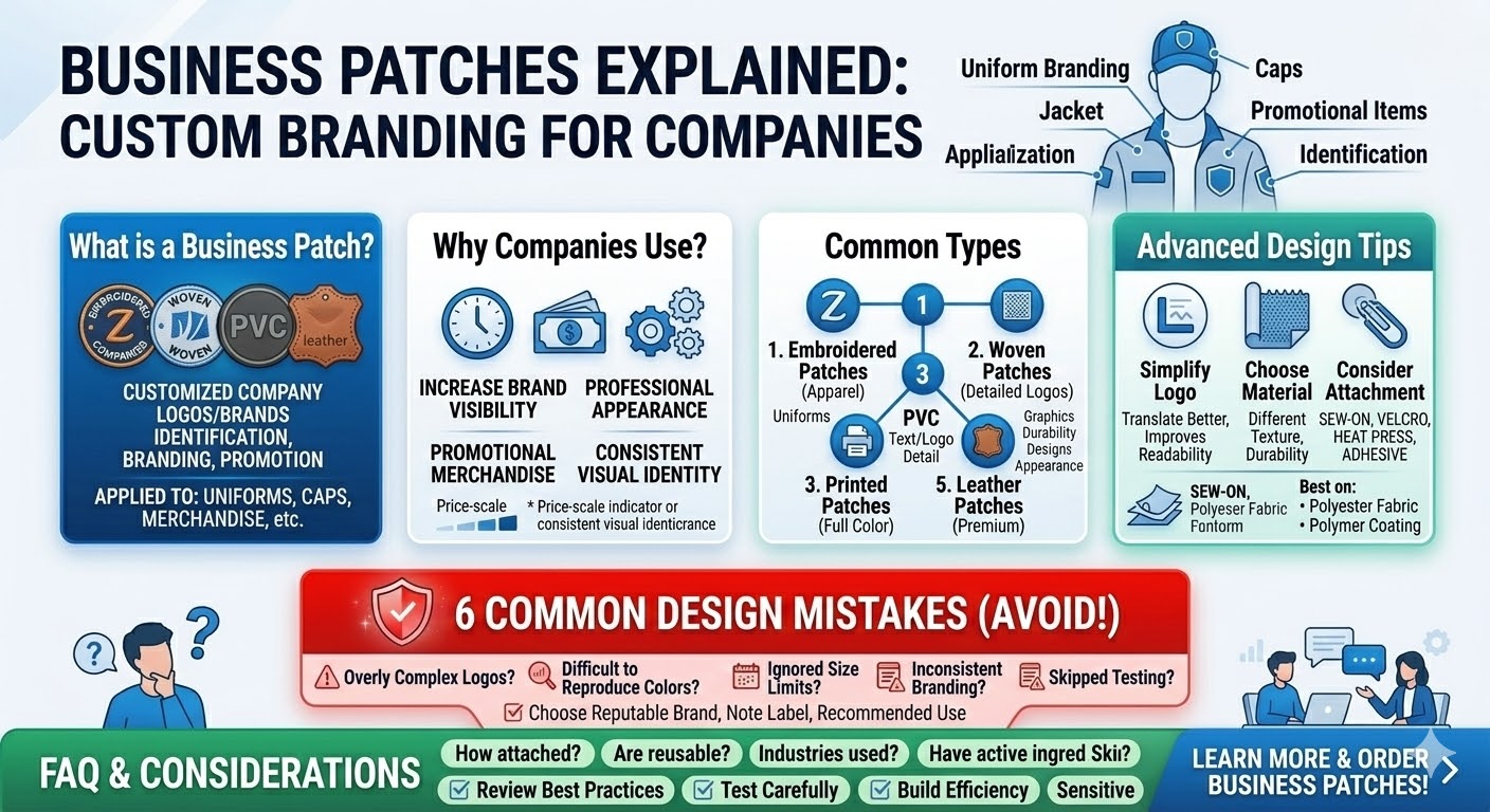 A business patch is a powerful tool for corporate branding, designed to enhance professional identity and increase brand visibility. These customized patches are typically applied to uniforms, caps, and promotional merchandise, allowing companies to maintain a consistent visual identity across their workforce and products. Depending on the brand's needs, patches can be manufactured using various methods such as embroidery, woven fabric, or durable PVC. For a successful custom branding project, businesses should focus on simplifying logo elements to ensure high readability and choosing materials that suit the specific application environment. By following expert design tips and avoiding overly complex graphics, organizations can create effective, long-lasting patches that project a professional image to clients and stakeholders.